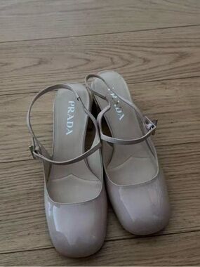 Prada Beige Patent Leather Mary Jane Slingback Heels